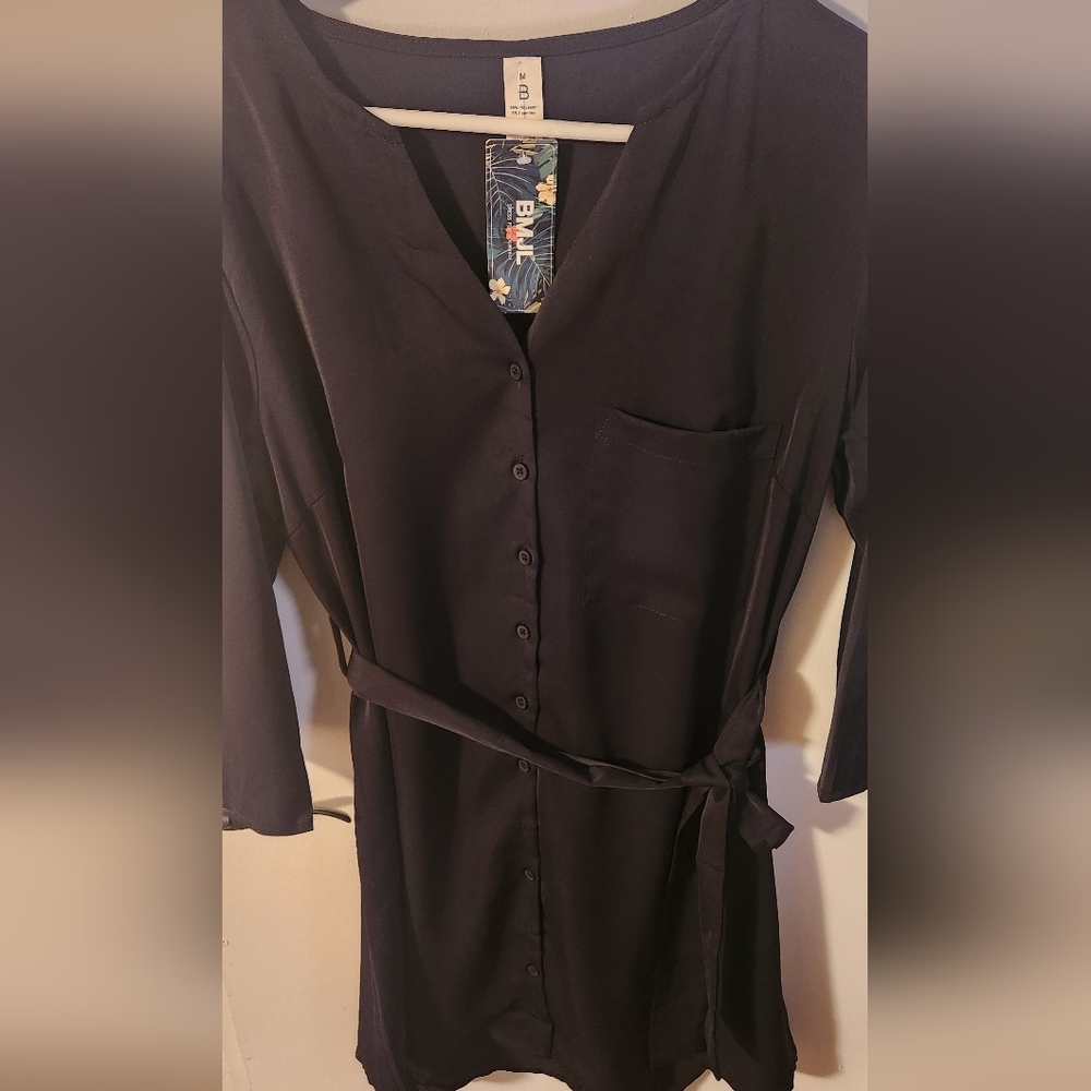 NWT- Lightweight Black Button-Up Dress with Wrap Belt Size Med